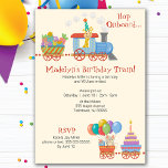 Convites Kid Birthday Train<br><div class="desc">Salto a bordo! O Comboio de Aniversário está indo para seus convidados, trazendo boas notícias de uma Festa de aniversário divertida e colorida à frente! A ilustração original deste cartão fofo está cheia de carros brancos, presentes, bolo, balões e animais fofos. Seus hóspedes saberão que eles estão em uma divertida...</div>