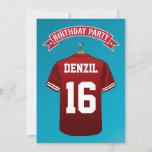 Convites Kids American Futebol Jersey Burgandy Birthday<br><div class="desc">Crianças personalizadas convites de aniversário de futebol americano com um legal fundo azul desbotado e uma camisa de futebol americano branca e burgandia que você pode personalizar com seu nome e idade infantis, pelo contrário é uma bola de futebol e os detalhes de aniversário podem ser personalizados de acordo com...</div>