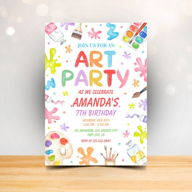 Convites Kids Art Party Birthday Invitation Colorful Paint (Criador carregado)