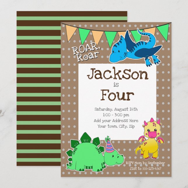 Convites Kids Brown Dinosaur 4º Festa de Aniversário (Frente/Verso)