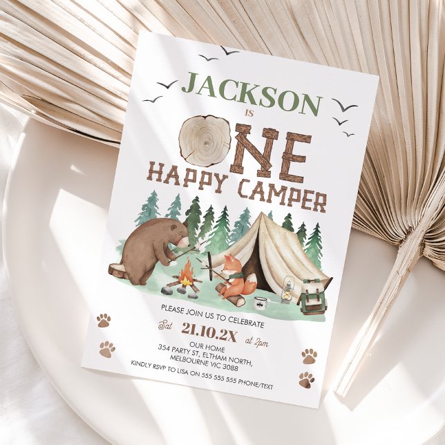 Convites Kids Brown Green Um primeiro aniversario de campo  (One Happy Camper 1st Birthday Invitation Template Editable Bear Tent Camp Fire, Camping Themed)