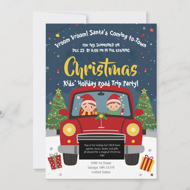 Convites Kids Christmas Road Trip Car Holiday Party Card (Frente)