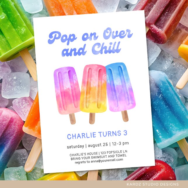 Convites Kids Colorida Popsicle Summer aniversário de 3 ano (Invite shown in 5 x 7 inches, choose size, paper and corner style. Buy print or digital invitations)