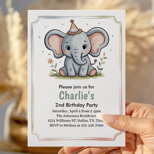 Convites Kids Cute Green Elephant 2nd Birthday Party (Criador carregado)