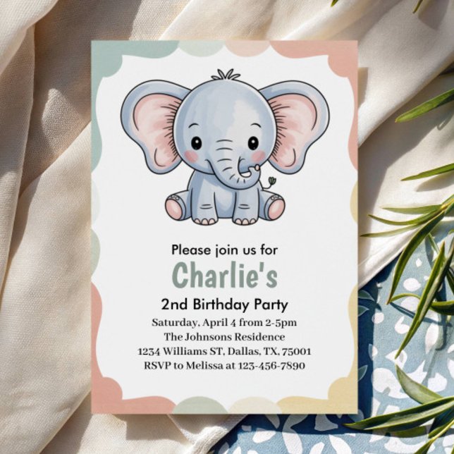 Convites Kids Cute Green Elephant 2nd Birthday Party (Criador carregado)