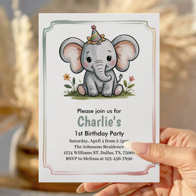 Convites Kids Cute Green Elephant Birthday Party (Criador carregado)