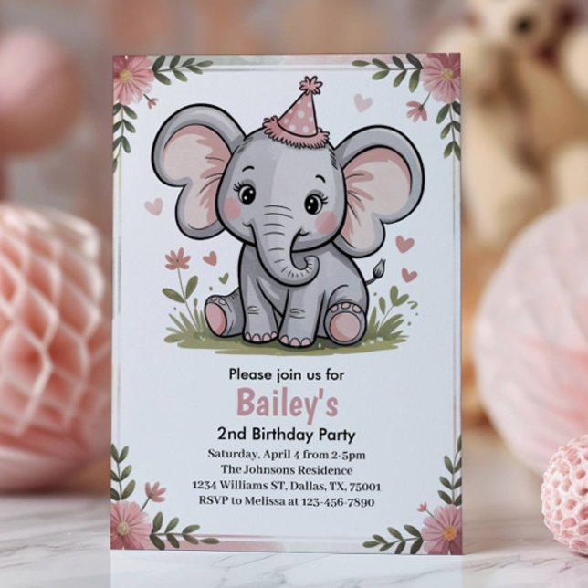 Convites Kids Cute Pink Elephant 2nd Birthday Party (Criador carregado)