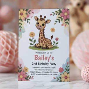 Convites Kids Floral Giraffe Jungle Party