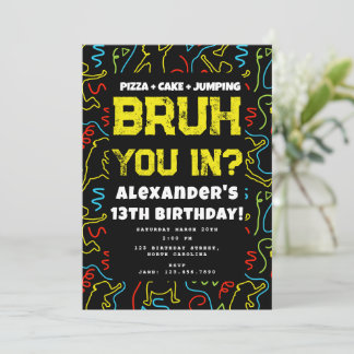 Convites Kids Jump Teenager Black Neon Bruh Boys Birthday