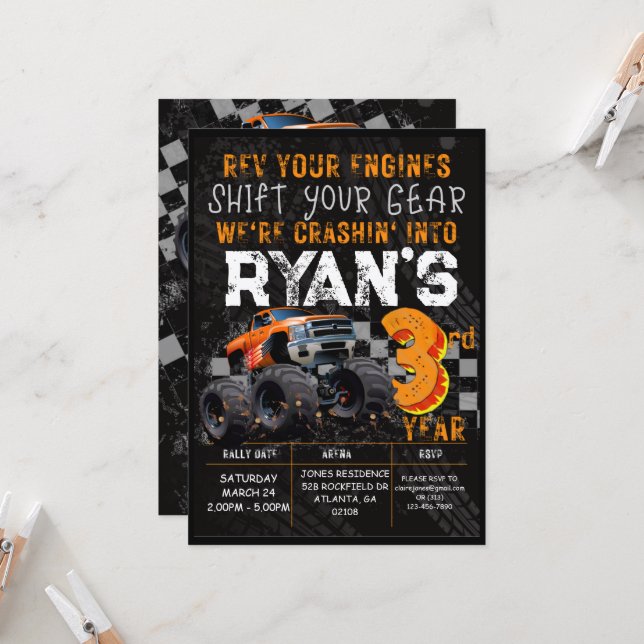 Convites Kids Monster Truck Rally aniversário de 3 anos (Frente/Verso In Situ)
