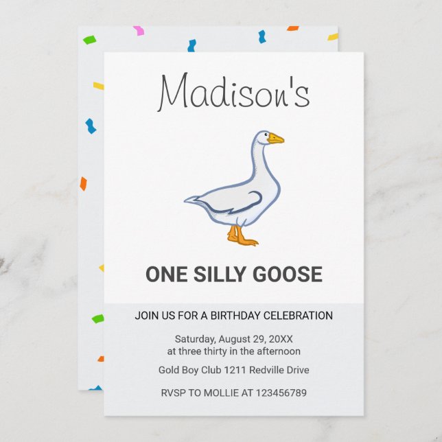 Convites Kids One Silly Goose First Birthday (Frente/Verso)