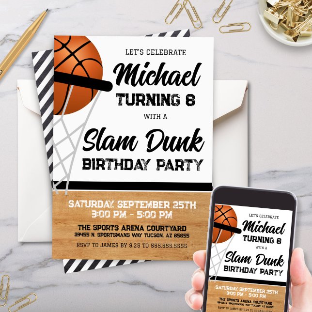 Convites Kids Slam Dunk - Festa de aniversário de basquete (Modern Boys Kids Slam Dunk Basteball Theme Birthday Party Invitation or watch party invites)