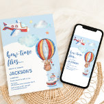 Convites Kids Vintage Aviation Watercolor Festa de aniversá<br><div class="desc">Prepare-se para entrar na festa de aniversário do ano com nossos convites de festas temáticos da aviação! Colocados sobre um fundo de cor azul-aquática suave, estes convites são enfeitados com um avião vermelho, branco e azul e um balão de ar quente, voando contra um céu escrito à mão com nuvens...</div>