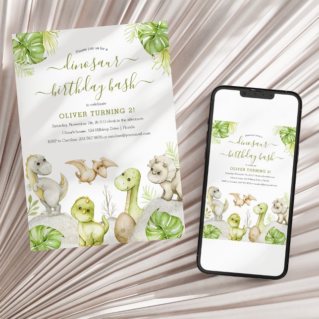 Convites Kids Watercolor Festa de aniversário do Dinossauro (Criador carregado)