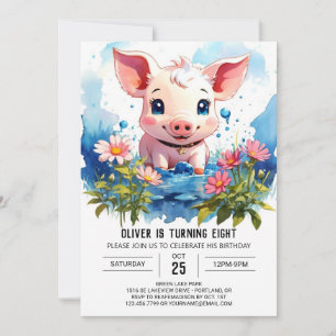 Convites Kids Watercolor Piglet Barnyard Adventure Aniversá
