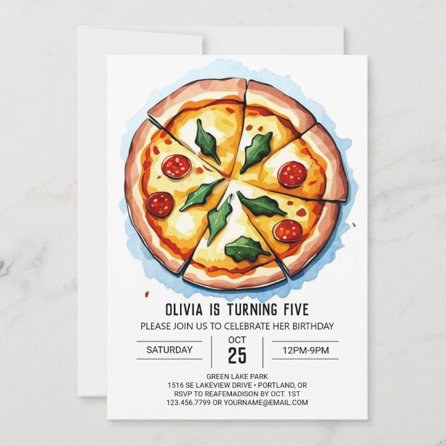Convites Kids Watercolor Pizza Birthday (Frente)