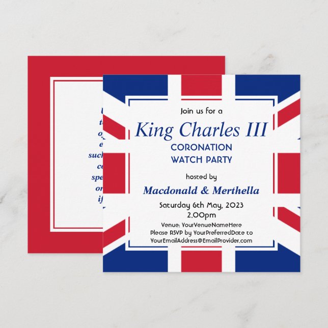 Convites KING CHARLES III Grupo de observação da coroação (Frente/Verso)