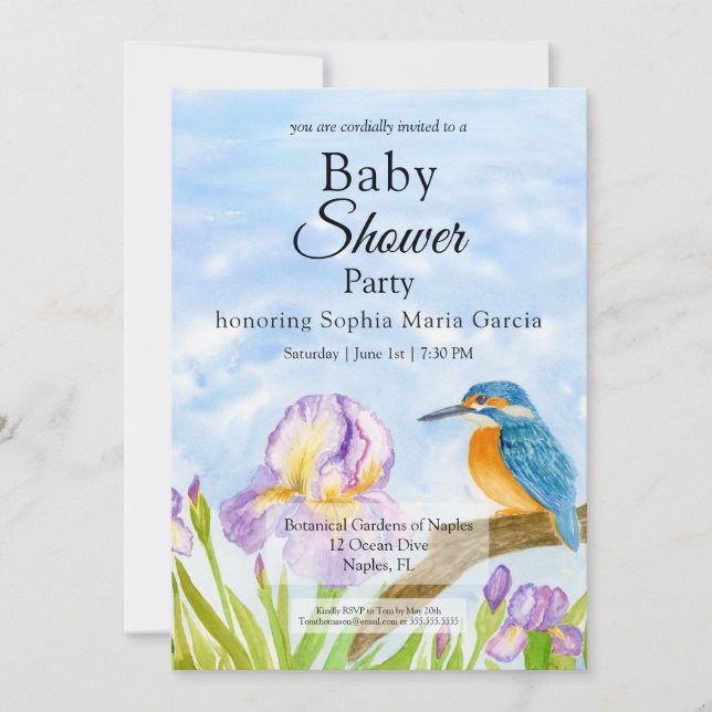 Convites  Kingfisher with Purple Irises Baby Shower (Frente)