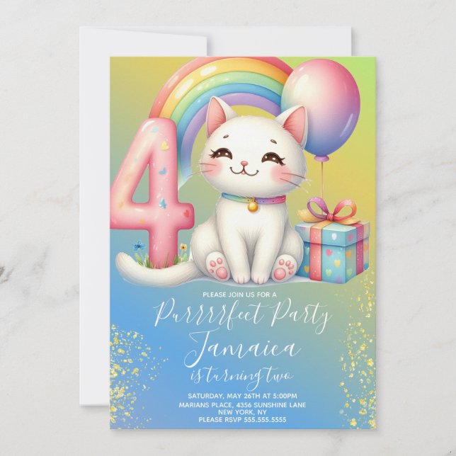 Convites Kit de Aniversário de 4 anos Gatinho Arco-íris Fes (Frente)