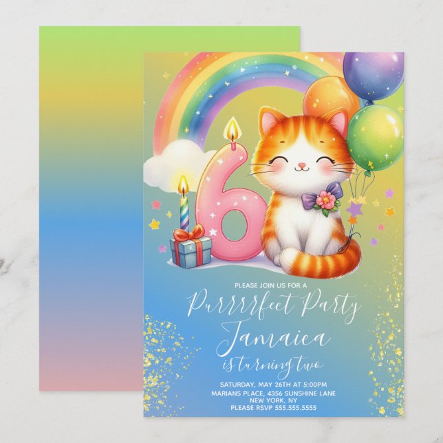 Convites Kit de Aniversário de 6 anos Gatinho Arco-íris (Frente/Verso)