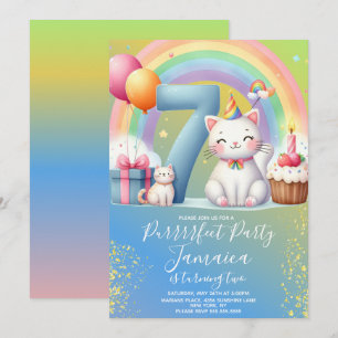 Convites Kit de Aniversário de 7 Anos Arco-Íris Gatinho