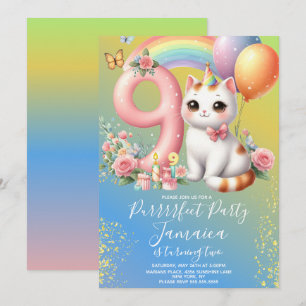 Convites Kit de Aniversário de 9 anos Gatinho Arco-íris