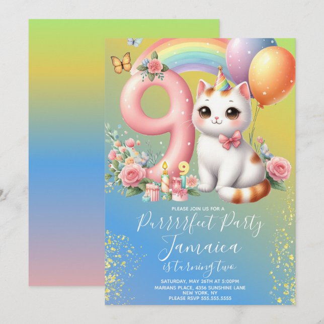 Convites Kit de Aniversário de 9 anos Gatinho Arco-íris (Frente/Verso)