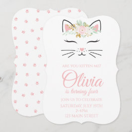 Convites Kitten Birthday Invite com rosto de gatinho floral