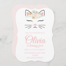 Kitten Birthday Invite com rosto de gatinho floral
