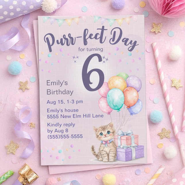Convites Kitten Cat Pastel Little Girl's 6th Birthday (Cute kitten "Purr-fect day for turning 6" birthday party invitation for little girls)