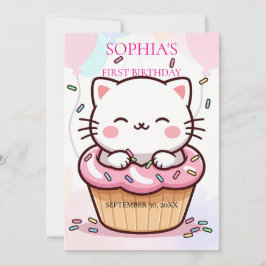 Convites Kitten Cupcake First Birthday