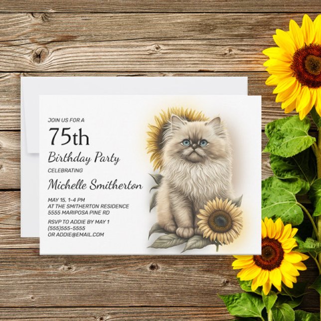 Convites Kitten Himalaia Cat Sunflower 75 Aniversário (Criador carregado)