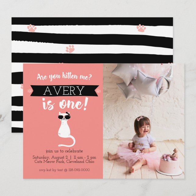 Convites Kitten Me First Birthday Photo Invitation (Frente/Verso)
