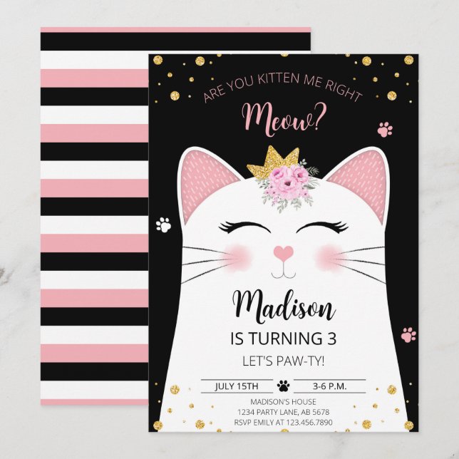Convites Kitten Meow Anithday Black (Frente/Verso)