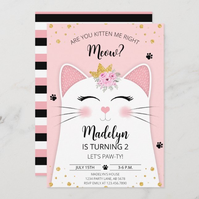 Convites Kitten Meow Birthday Pink (Frente/Verso)