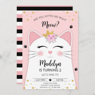 Convites Kitten Meow Birthday Pink