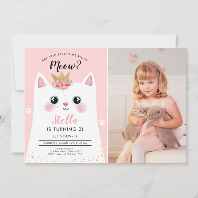 Convites Kitten Meow Crown Girl Kitty (Frente)