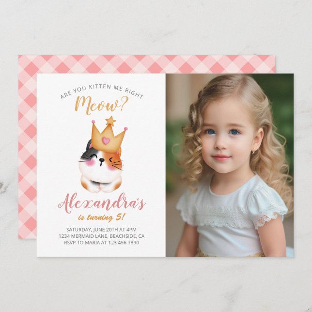 Convites Kitten Meow Crown Girl Kitty (Frente/Verso)