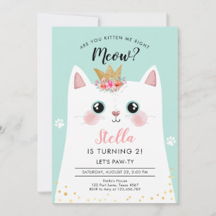 Convites Kitten Meow Teal Crown Girl Kitty Aniversário