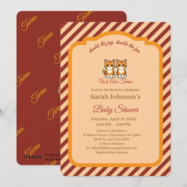 Convites Kitten Twins Baby Shower Orange  Burgundy Stripes (Frente/Verso)