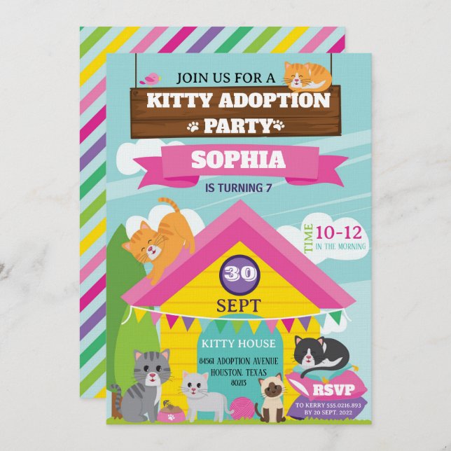 Convites Kitty Birthday Invitation / Girl Kitten Party (Frente/Verso)