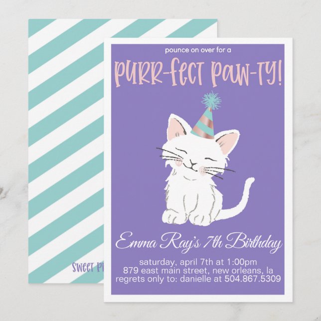 Convites Kitty Cat Birthday Party Invitation (Frente/Verso)