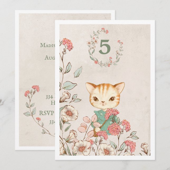 Convites Kitty Cat Floral Girly Kitten 5 anos de idade Aniv (Frente/Verso)