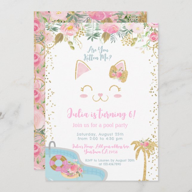 Convites Kitty Pool Party Invitation (Frente/Verso)