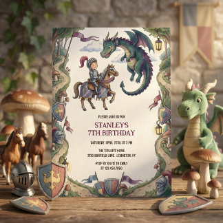 Convites Knight and Dragon Medieval Fairytale Birthday