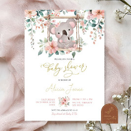 Convites Koala Australiana Bebê Menina Floral Rosa Eucalipt