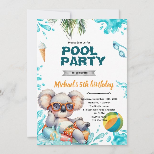 Convites Koala Pool Party Birthday Invitation (Frente)