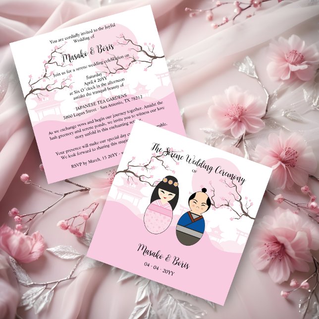 Convites Kokeshi Couple Japanese Inspired Themed (Kokeshi Couple Japanese Inspired Themed Traditional Landscape Garden in Pink Wedding Invitation Card)
