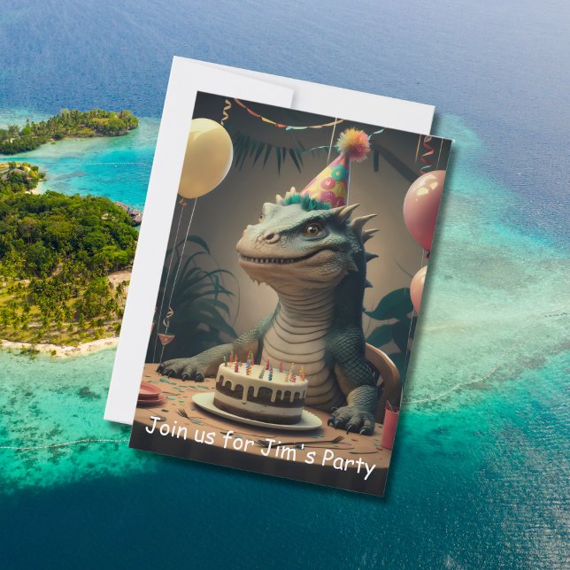 Convites Komodo Dragon sentado na mesa com bolo de aniversá (Criador carregado)