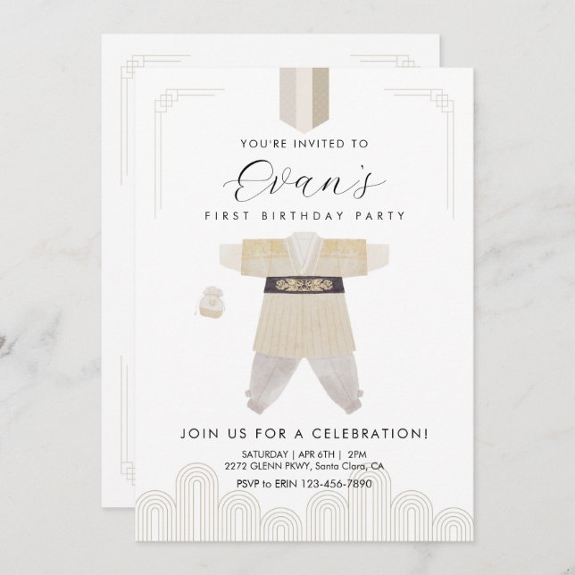 Convites Korean Dol First Birthday Hanbok Invitation  (Frente/Verso)